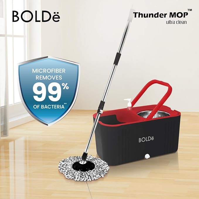 Thunder MOP Spin System - Ultra Clean - Single Bucket Microfiber Head, Stainless Steel Wringer, Antifungal Quick-Dry Cleaning, Soap Dispenser, 3 Free Refills (Navy/Cyan)
