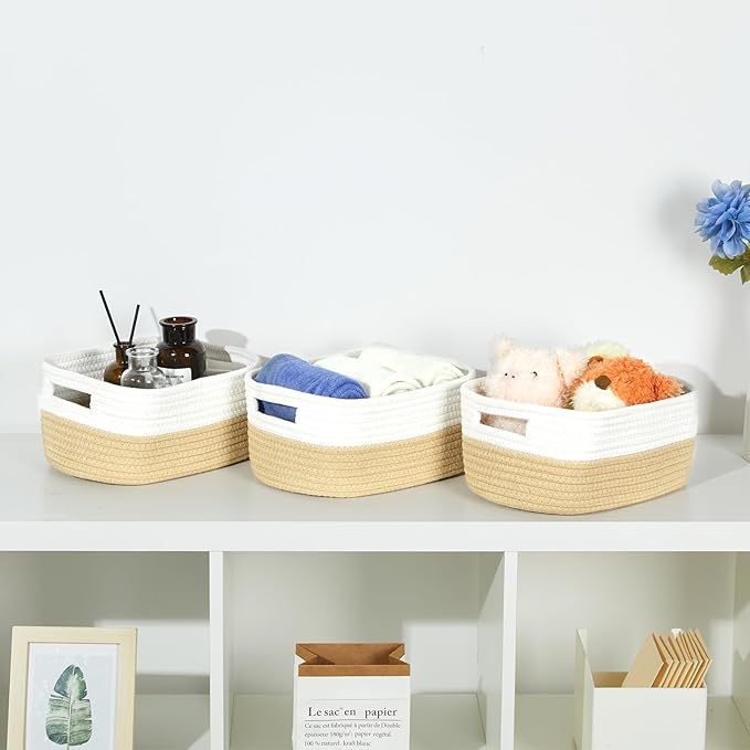 Bidtakay Small Cotton Rope Storage Baskets for Organizing 3 Pack Woven Baskets for Storage Closet Organizer Bins for Shleves 11.8×7.8×5 inch Cute Boho Decorative Basket with Handles - White&Beige