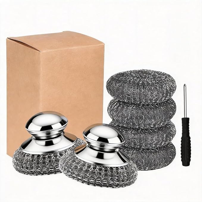7Pcs Steel Wool Scrubber with Handle - Stainless Steel Scrub Brush Set for Scouring Stubborn Messes from Cast Iron, Pots, Pans, Grill, Stoves, Sink (2 Scrubber + 4 Pads + 1 Screwdriver)