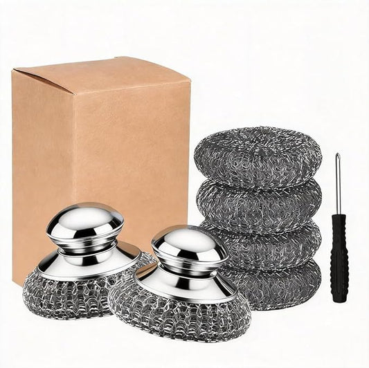 7Pcs Steel Wool Scrubber with Handle - Stainless Steel Scrub Brush Set for Scouring Stubborn Messes from Cast Iron, Pots, Pans, Grill, Stoves, Sink (2 Scrubber + 4 Pads + 1 Screwdriver)