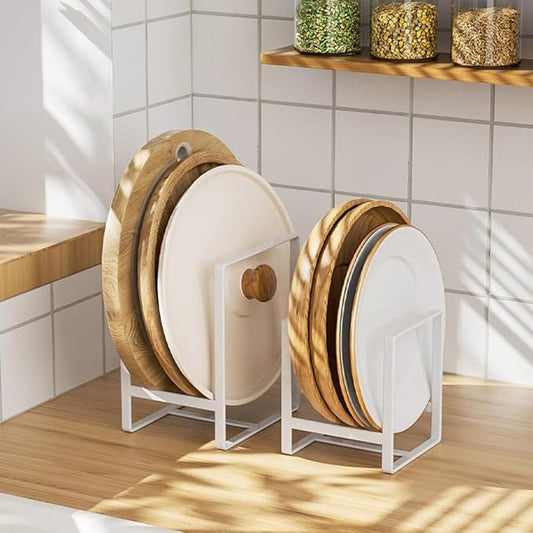2PCS Plate Holders Organizer, Metal Dish Storage Dying Display Rack for Cabinet, Counter and Cupboard - White， Small and Large