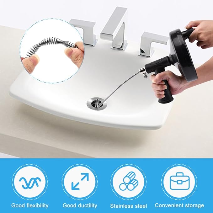33ft Drain Clog Remover, Drain Hair Remover with Gloves, Rotating Handle Flexible Plumbing Snake Cleaner Tool for Kitchen,Bathrom and Shower (Black)