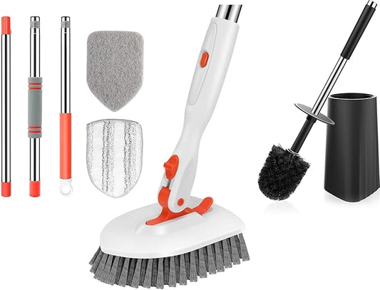 SetSail Floor Scrub Brush, 3-in-1 Tile Tub Floor Scrubber & Toilet Brush, Compact Size Toilet Bowl Brush and Holder Toilet Brushes for Bathroom