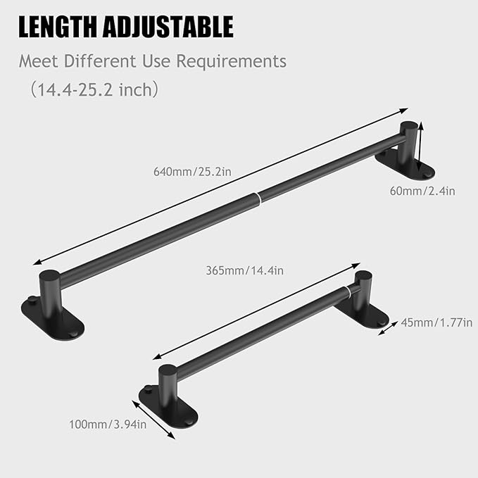 Towel Bar, Adjustable 14.4inch - 25.2inch Towel Rack, Self Adhesive & Wall Mounted for Bathroom Kitchen Hand Towel Holder Cloths Hanger SUS 304 Stainless Steel Organizer Single Bar (2, Matte Black)
