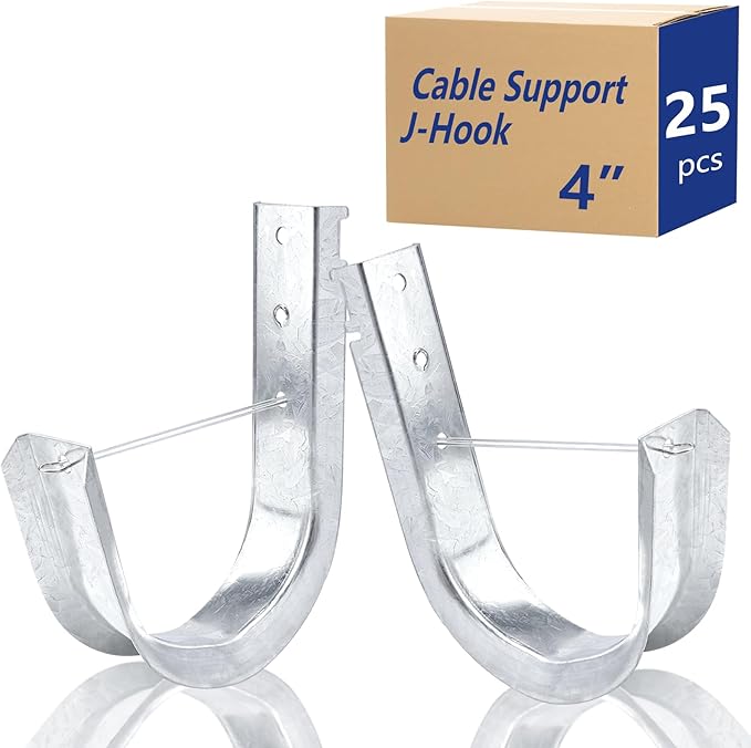 SIHAI (25 Packs 4” Inch J-Hooks, UL Certified Heavy-Duty Cable Support Hooks for Hanging CAT6/6A, Fiber Cable Management and Low Voltage Wiring (with Retainer Clip)
