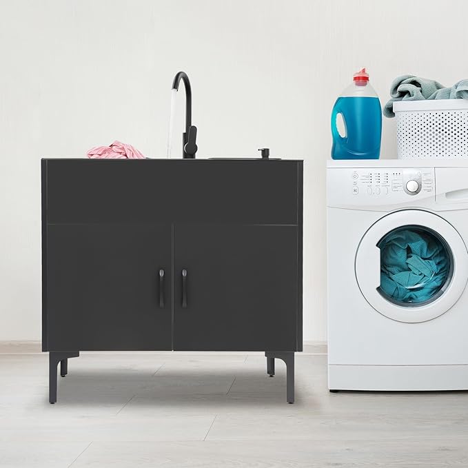 32-Inch Utility Sink Cabinet with 360° Swivel Hot/Cold Faucet, Laundry Sink with Cabinets and Stainless Steel Double Sinks, Freestanding Cabinet with Sink for Laundry&Utility Room, Kitchen, Bathroom