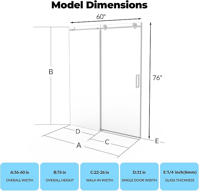 Sliding Shower Door 56–60 inch W× 76 inch H, Frameless Glass Shower Door with Round Stainless Steel Rail and 55mm Rollers, 6mm Tempered Glass, Brushed, Modern Shower Enclosure for Bathroom Remodeling
