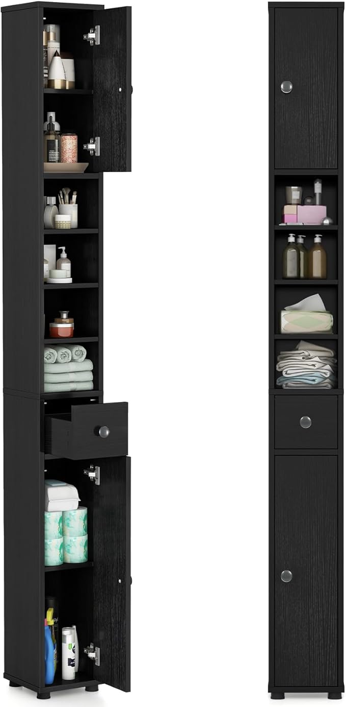Tangkula Tall Slim Bathroom Storage Cabinet, 71" Freestanding Bathroom Cabinet w/ 2 Doors, 1 Drawer & 5 Adjustable Shelves, Floor Narrow Tower Cabinet for Small Spaces, 8" x 8" x 71" (Black) | Tall, Slim, Freestanding, 2 Doors, 1 Drawer, 5 Adjustable S...