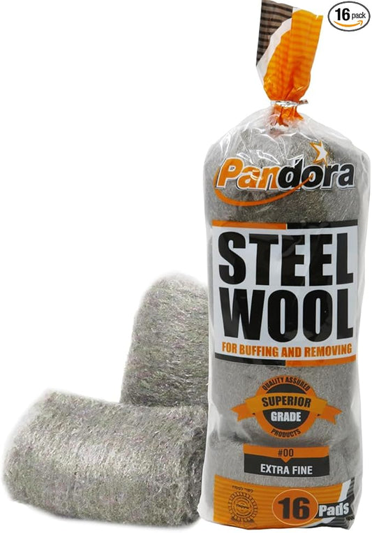 Pandora Steel Wool #00 – Extra Fine Grade, 16 Pads for Buffing and Cleaning - Quality Metal Strands - Ideal for Cleaning Golf Clubs, Metal Wheels, Screens, and Metal Lawn Furniture