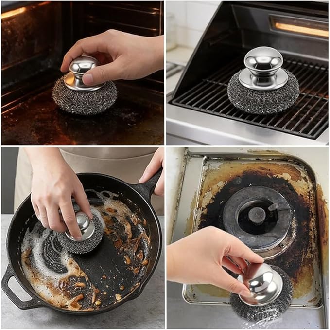 7Pcs Steel Wool Scrubber with Handle - Stainless Steel Scrub Brush Set for Scouring Stubborn Messes from Cast Iron, Pots, Pans, Grill, Stoves, Sink (2 Scrubber + 4 Pads + 1 Screwdriver)