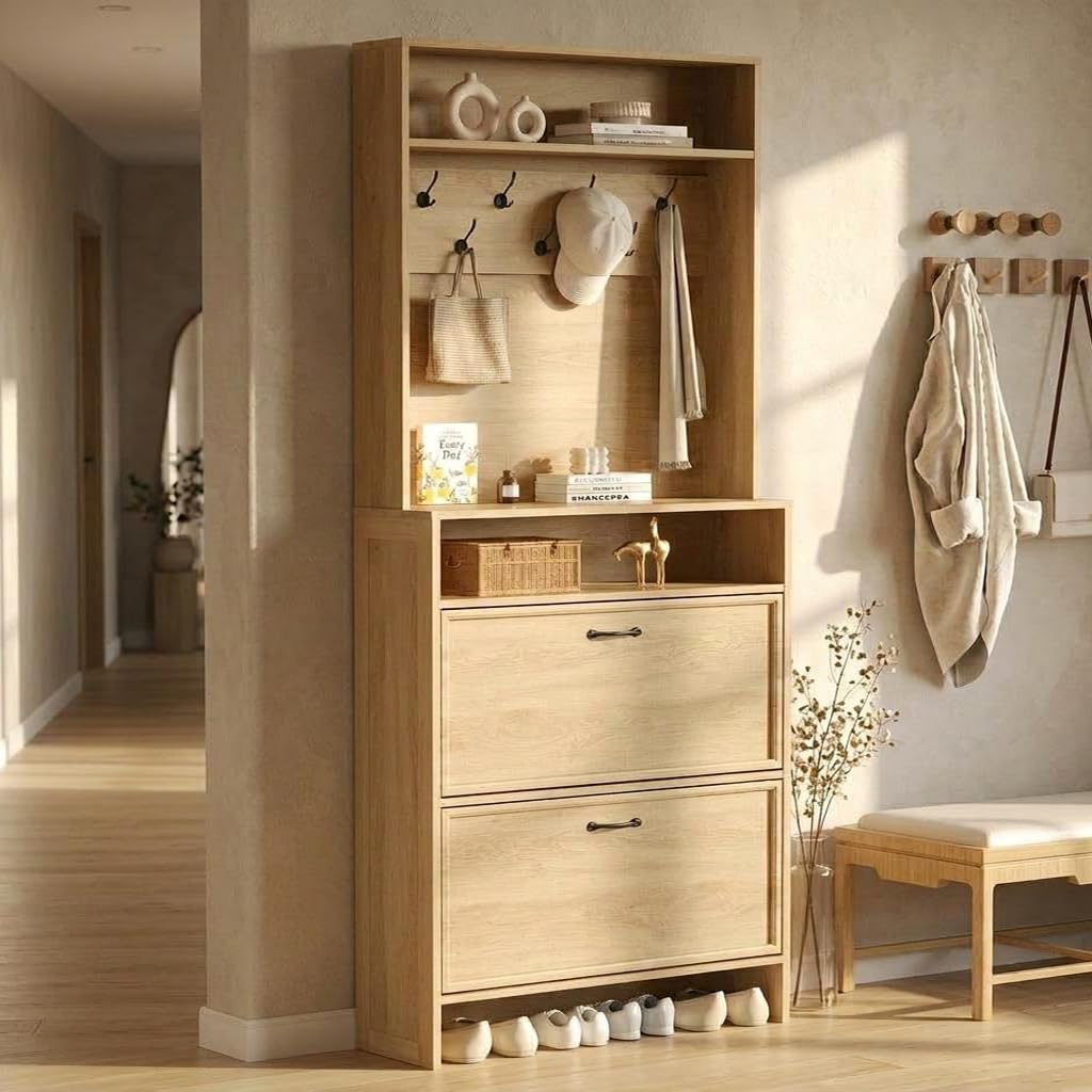 Garvee Shoe Cabinet with 2 Flip Drawers, 2-in-1 Hall Tree - Image 1