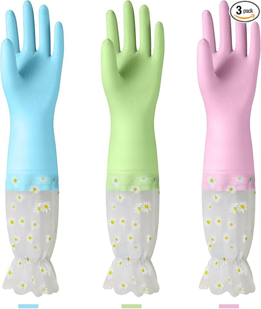 KAQ Dishwashing Cleaning Gloves 3 Pairs-Reusable Cotton Liner Rubber Gloves Long cuff 19.5" Non-Slip Kitchen Gardening Gloves