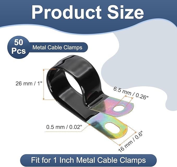 PATIKIL 1 Inch Vinyl Coated Cable Clamps, 50 Pack Galvanized Steel Metal Cable Clips Rubber Cushion Insulated Pipe Clamps for Tube Lines Cord Wire Management, Black