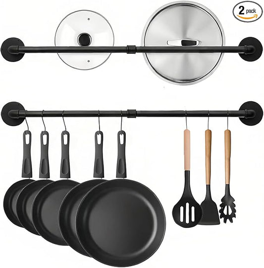 24 inch Pan Rack Wall Mounted Set of 2, Pan Hangers for Kitchen, Industrial Pipe Utensils Hanging Rail Detachable Storage Organizer, Iron Lids Holder with 10 S Hooks