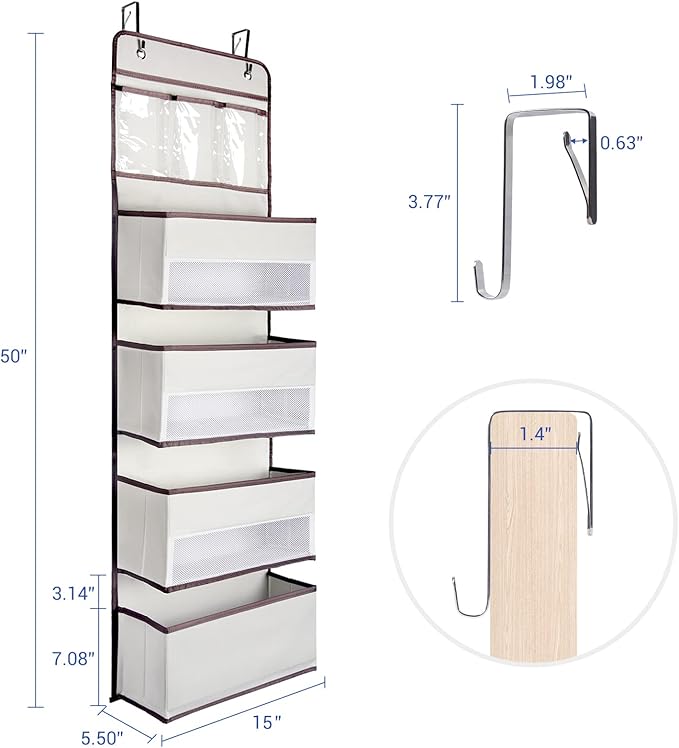 NesTidy 2 Pack Over The Door Organizer Storage, Wall Mount Hanging Organizer with 4 Large Capacity Pocket Organizers and 3 Small Pockets for Baby Essentials, Toys, Cosmetics, and Sundries (Beige)