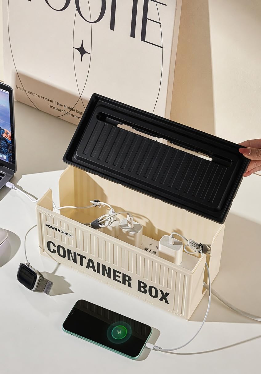 Cable Management Box with Phone Slot — Large Cord Organizer for Desk & Home Office, 12.8"×5.5", Cream White