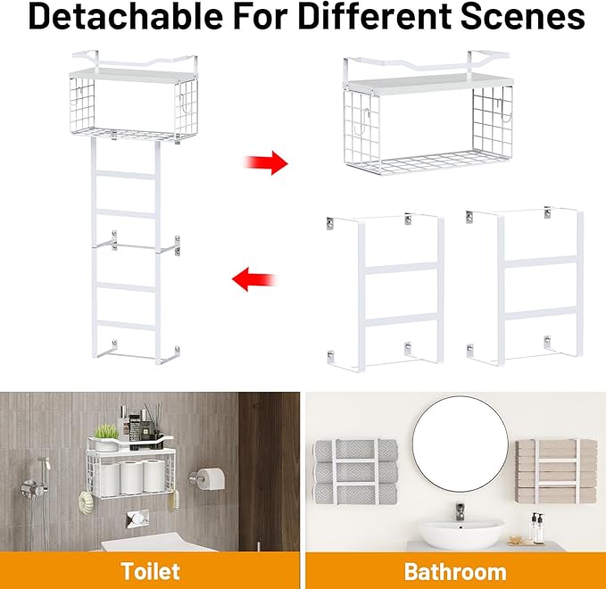 Towel Racks for Bathroom Wall Mounted, 4 tire Bath Towel Storage - with 2 Pack Towel Shelf and Floating Shelves Over Toilet, Rolled Towel Holder Shelf Organizer, Sturdy Metal & Wood, 34inch, White