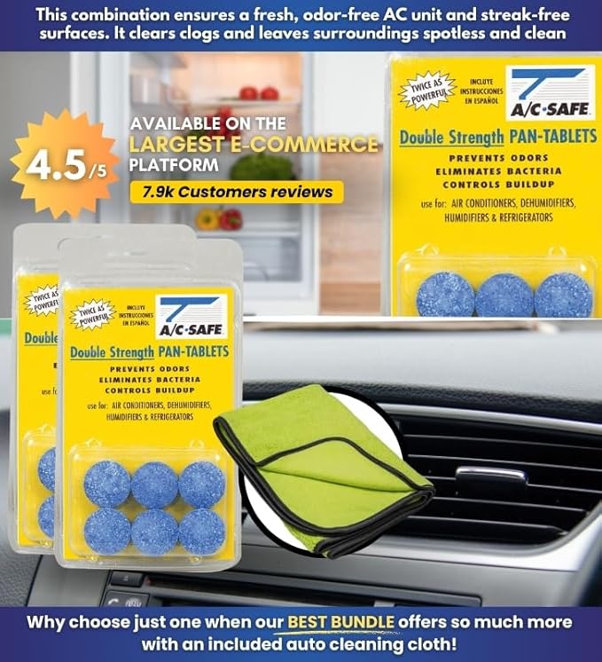 AC-Safe Air Conditioner Pan Cleaner Tablets 6 ct Bundle with Microfiber Auto Cleaning Cloth – Non-Toxic AC Drain Pan & Condensate Line Cleaner - Eliminates Odors for AC and Humidifiers - (3 items)