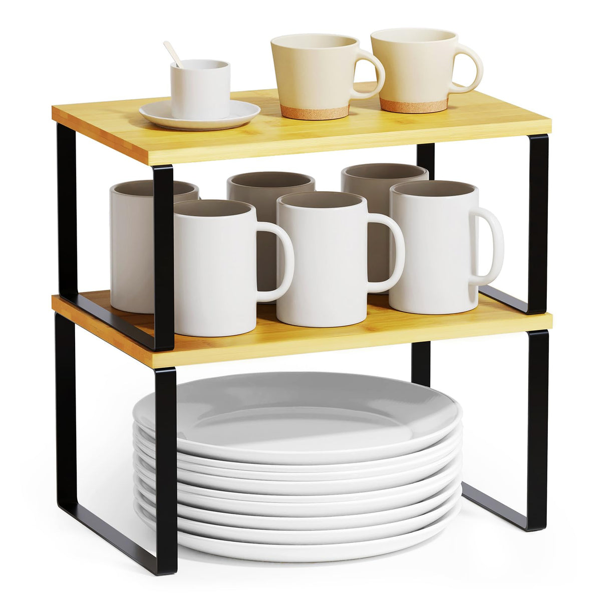 SpaceAid Cabinet Shelf Organizers 2 Pack, Kitchen Counter Rack Shelves Riser, Stackable Expandable Spice Rack, Pantry Cupboard Storage Organization (Black and Natural, Short)