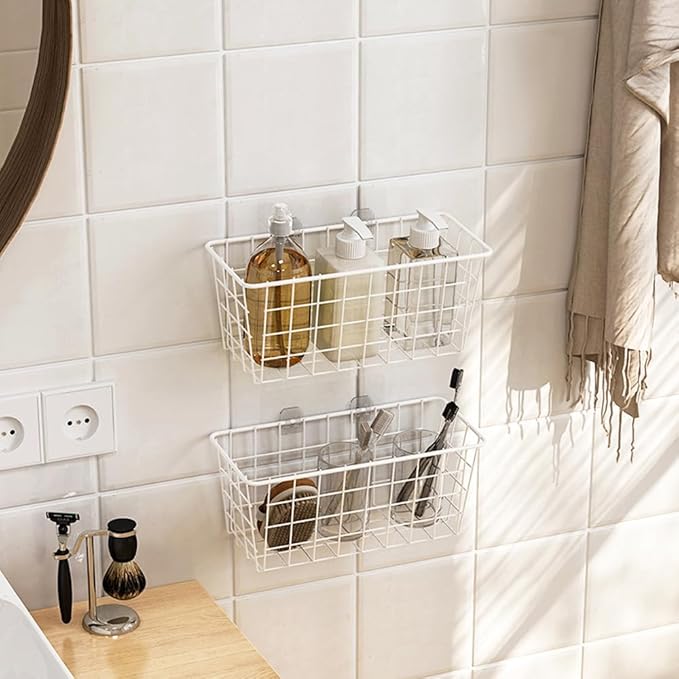 Hanging Kitchen Baskets For Storage Adhesive Small Wire Storage Baskets No Drilling Wall Mounted Shelf for Kitchen Pantry Room Cabinet Bathroom, 2 PACK, White