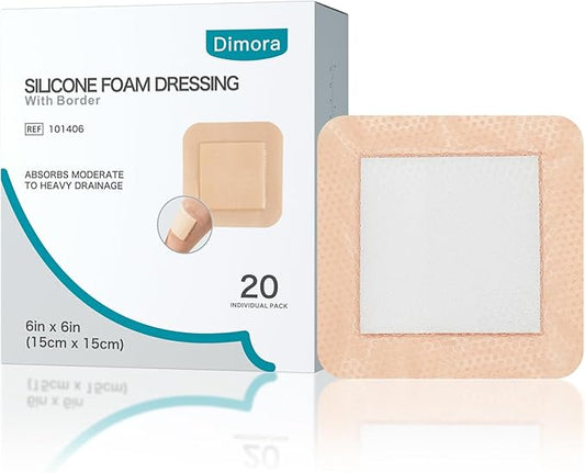 Dimora Silicone Foam Dressing with Border Adhesive 6"x6" Waterproof Wound Dressing Bandage for Wound Care 20 Pack