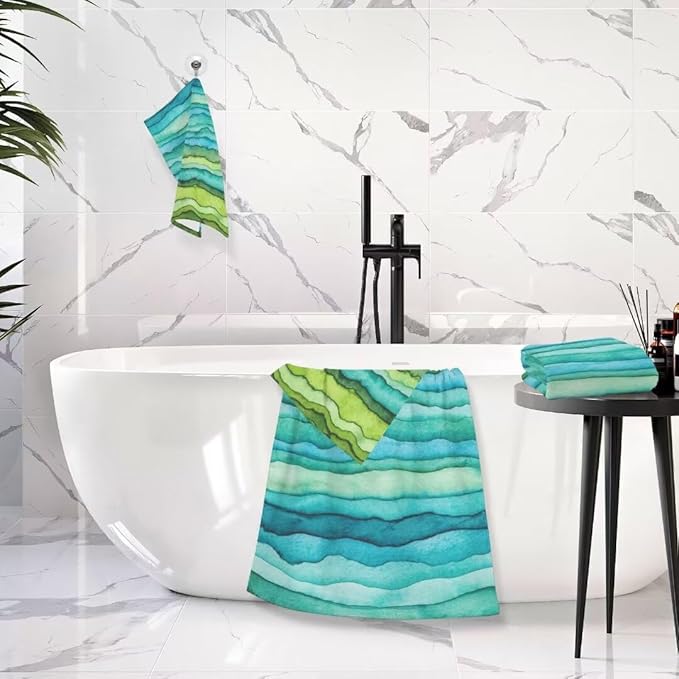 Teal Blue Green Bath Towel Set - 3 Piece Soft Absorbent Watercolor Sea Wave Striped (1 Bath, 1 Hand, 1 Washcloth) - Decorative for Bathroom, Shower, Hair, Face
