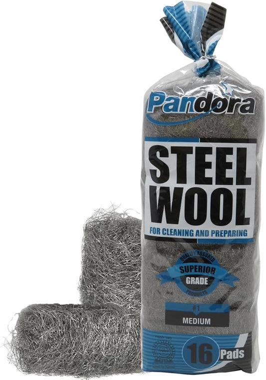 Pandora Steel Wool #1 – Medium Grade, 16 Pads for Cleaning and Preparing- Quality Metal Strands - Ideal for Linoleum Floors, Bowling Balls, and Shoe Soles