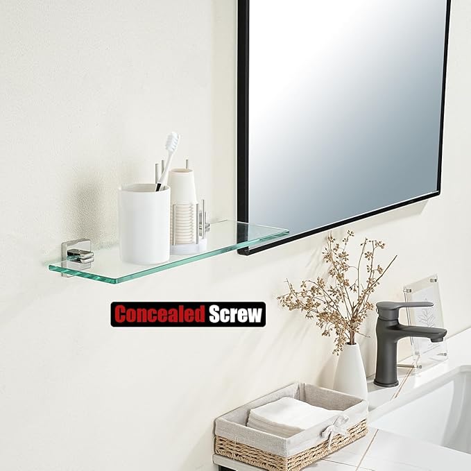 JQK Bathroom Glass Shelf, Floating Tempered Glass Shower Storage 16 by 5 inches, 304 Stainless Steel Polished Chrome Wall Mount, TGS201L16-CH