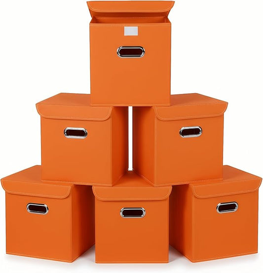 Closet Organizers Fabric Storage Bins With Lids Collapsible Cube Storage Organizer Basket With Handles,Storage Boxes for Clothes Storage,Office,Laundry,Shelves,6 Pack,（Orange）