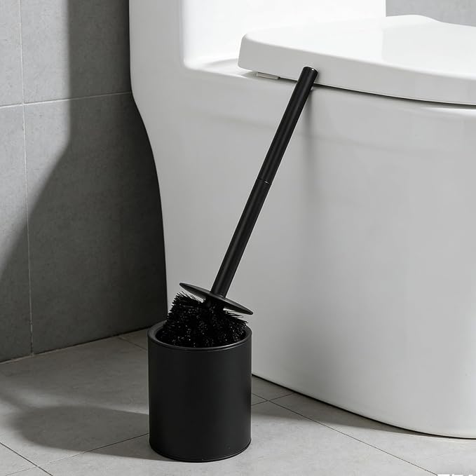 Toilet Bowl Brush Holder Set: Bathroom Toilet Deep Cleaning Scrubber with Cover - Compact Round Cleaning Tools for Washroom Bathroom (Black)