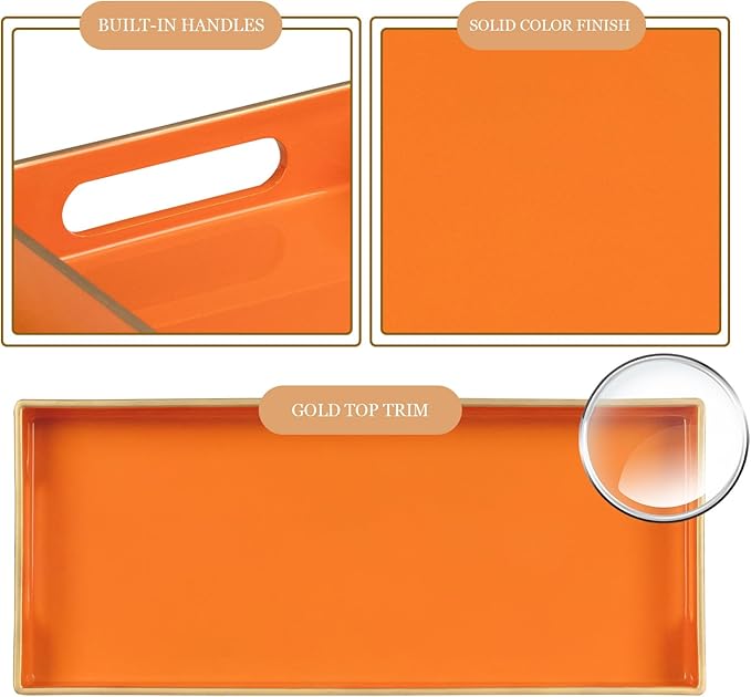 MAONAME Orange Vanity Tray Set of 2, Plastic Decorative Tray with Handles, Small Narrow Trays, Rectangular Bathroom Trays for Toilet Tank, 13.8" X 6" X 1.57"