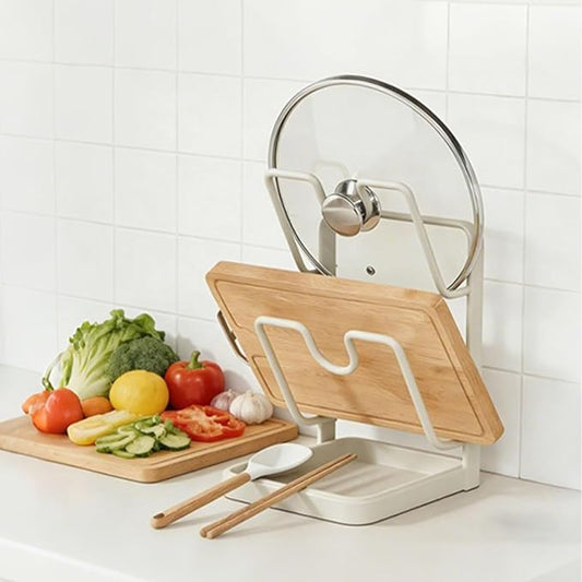 304 Stainless Steel Kitchen Pot Lid Storage Rack, Pot Lid Holder while Cooking, Pot Lid Organizer with Removable Tray & Spoon Rest,Waterproof & Rustproof(Beige, 2 Layer)