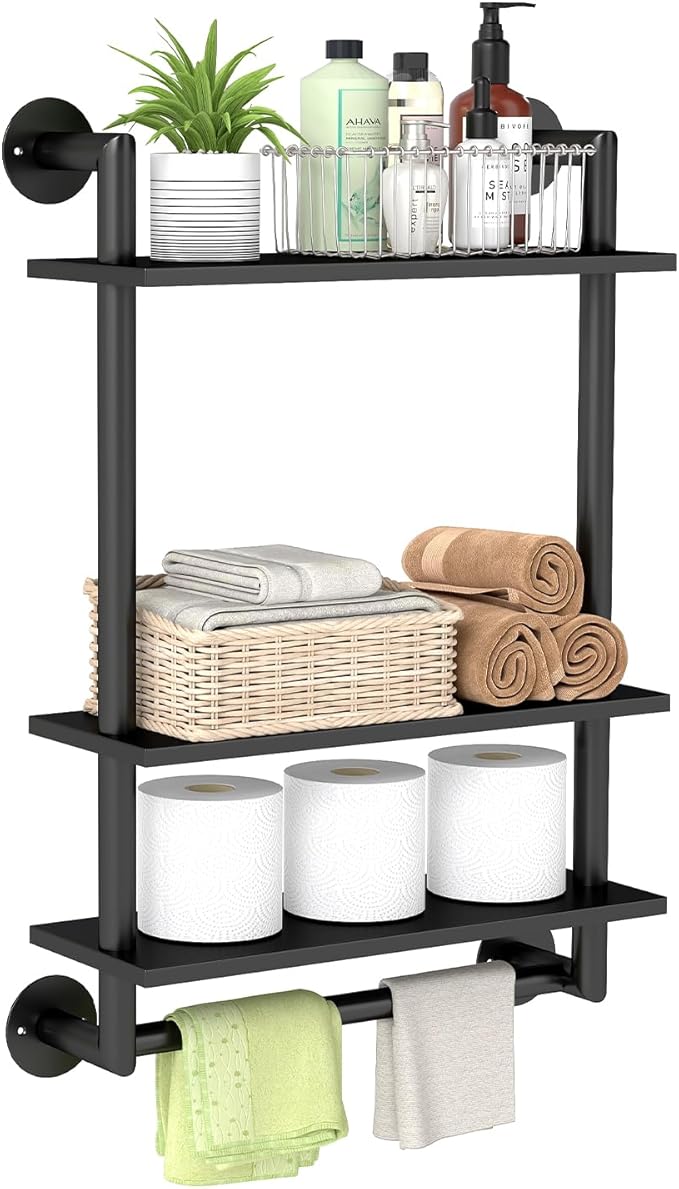 Bathroom Shelves Wall Mounted, 3 Tier Towel Racks with Towel Bar, 26in Stainless Steel Floating Pipe Shelves Over Toilet, Wall Shelves for Bathroom Laundry Room Kitchen Storage