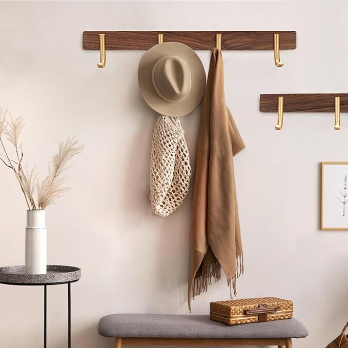 SARIHOSY] Wall Mounted Coat Rack,Multi Hook Hangers,Entryway Hanging Coat Rack,Metal Wood Coat Rail with 4 Hooks，Walnut Wood,zinc Alloy,Bedroom,Bathroom,Foyer,Living Room,Metal Household Items