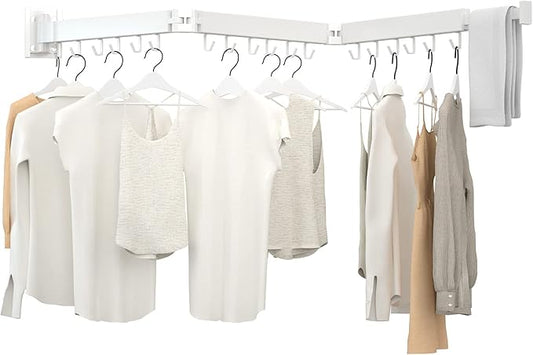 Clothes Drying Rack, Laundry Drying Rack Wall Mounted, [No-Drill & Drilling to Choose] 3-Fold Laundry Drying Racks for Hanging Clothes, Foldable & Sturdy Space Saver for Laundry Room -White