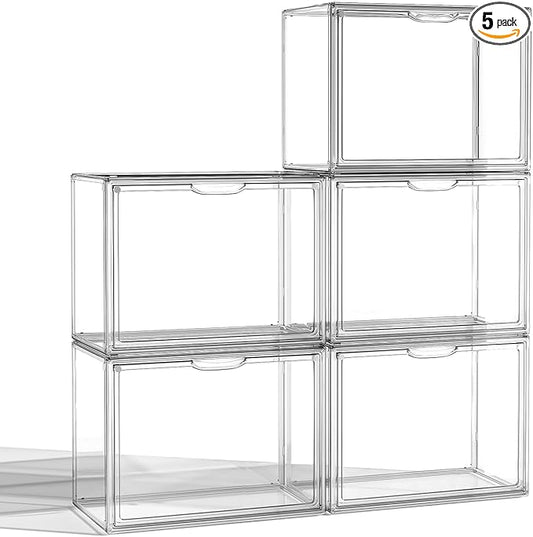 Clear Acrylic Display Case, Large Stackable Storage Bins Magnetic Attraction Lids, 5 Pack Acrylic Box Showcase for Collectibles, Figures, Cosmetic, Purse, Handbag, Wallet, 10.7x8.6x14.2 inch