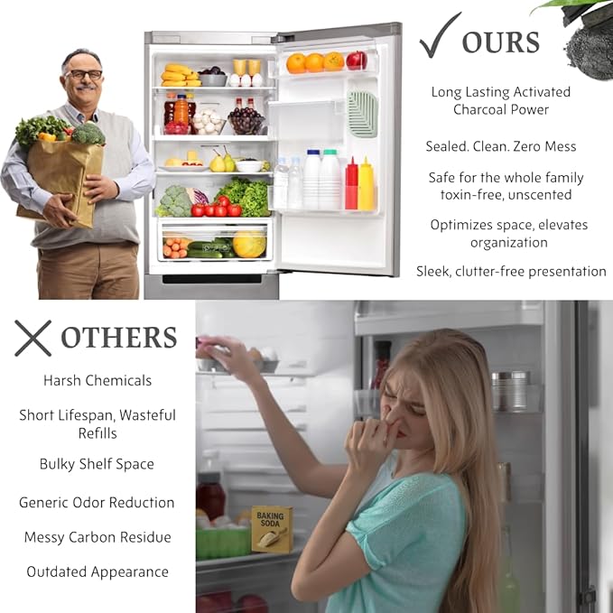 Fridge Deodorizer & Odor Eliminator (2 Pack) - Activated Charcoal Air Freshener Outperforms Baking Soda – Non-Toxic, Long-Lasting, for Refrigerator, Freezer & Pantry