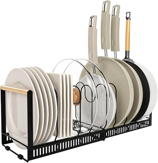 SKORDO Pot and Pan Organizer Rack, Expandable Under Cabinet Rack with 8 Adjustable Compartments Perfect for Heavy Cookware & Pot Lids (Black)