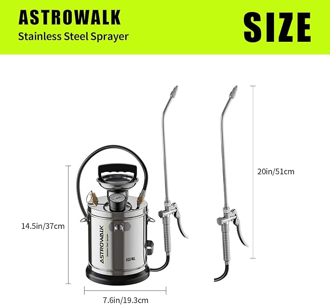 Pump Sprayer 1 Gallon, Stainless Steel Chemical Sprayer with 20" Wand & 4FT Reinforced Hose for Weed Killer, Lawn, Disinfection & Concrete, Includes Viton Seals and Gloves