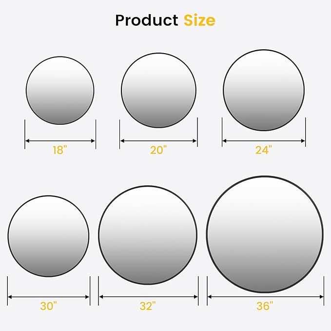 GarveeHome Round Mirror, 24 in Aluminum Alloy Circle Frame, High Definition Eco-Friendly Black Round Bathroom Mirror for Over Sink, Wall Mirror for Entryway, Bathroom, Vanity, Living Room