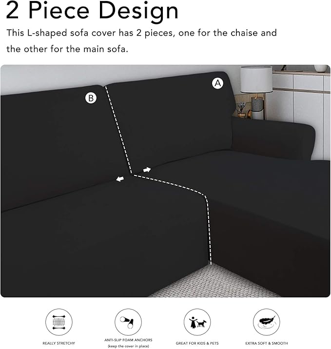 PureFit Super Stretch Sectional Couch Covers - 2 pcs Spandex Non Slip Sofa Covers with Elastic Bottom for L Shape Sectional Sofa Couch, Great for Kids & Pets (3 Seat Sofa + 3 Seat Chaise, Black)