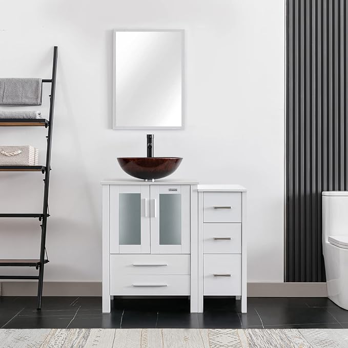 eclife 36" Modern Bathroom Vanity Sink Combo Freestanding Cabinet with Small Side Cabinet, Brown Round Glass Vessel Sink, Water Save Faucet, Drain (White+A09)
