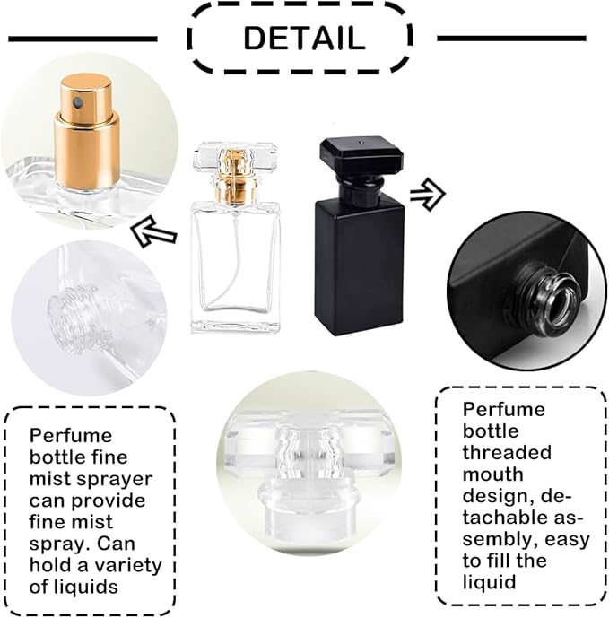 Glass Perfume Bottle Empty Refillable 8Pack Clear Travel Perfume Spray Atomizer Bottle 30ml Perfume Fine Mist Spray Perfume Bottle Atomizer Container with Sprayer Applicator (Black Square 30ml 8PCS)