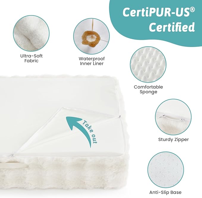Faux Fur Orthopedic Dog Bed, Dog Bed for Large Size, Supportive Foam Pet Sofa with Waterproof Lining Cover, Washable U-Shaped Pet Couch with Anti-Slip Bottom, Beige L 36x27x6.5 inch