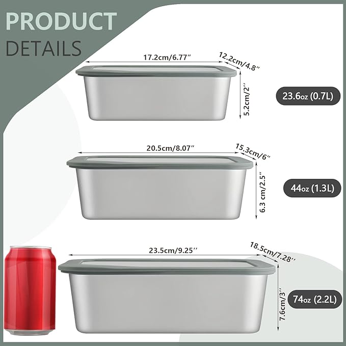 Stainless Steel Food Storage Container with Glass Lids, 3 Pack Nested Lunch Boxes, Airtight Lid Food Container for Sandwiches, Snacks, Meal Prep and Kitchen Storage