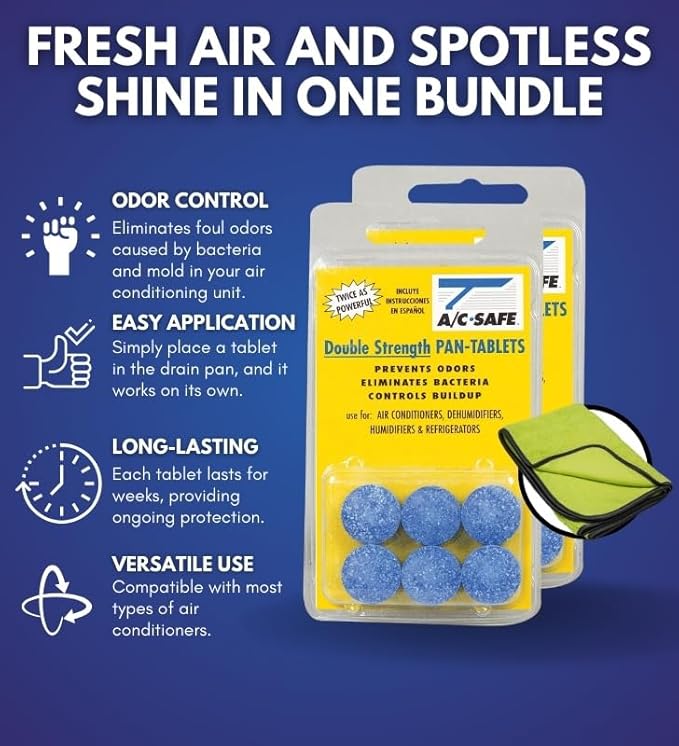 AC-Safe Air Conditioner Pan Cleaner Tablets 6 ct Bundle with Microfiber Auto Cleaning Cloth – Non-Toxic AC Drain Pan & Condensate Line Cleaner - Eliminates Odors for AC and Humidifiers - (3 items)