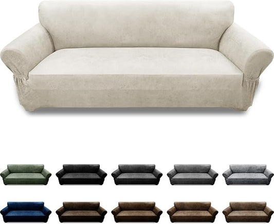 Couch Cover Leather Look 3 Seater Couch Sofa Cover 1-Piece Sofa Slipcover Stretch Furniture Protector with Elastic Bottom & Pockets(Sofa, Beige)