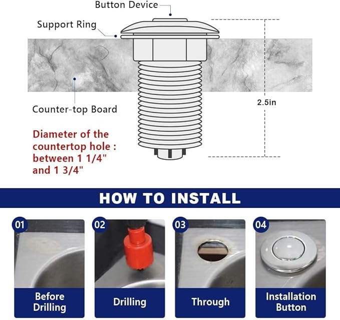 Garbage Disposal Switch, Cordless Air On Off Kit for Food Waste Disposer, Plastic White, SHORT 2.5" Sink Top Push Button by CLEESINK