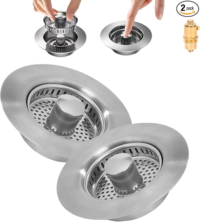 3-in-1 Kitchen Sink Drain Strainer -2 Pack Pop Up Sink Stopper with Anti-Clogging Basket, Kitchen Gadgets Clearance Sink Accessories, Fits Standard 3-1/2” Openings for Double Bowl Kitchen Sinks
