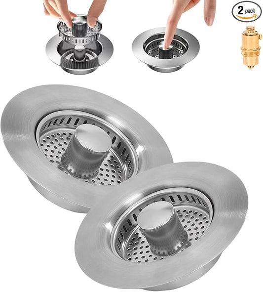 3-in-1 Kitchen Sink Drain Strainer -2 Pack Pop Up Sink Stopper with Anti-Clogging Basket, Kitchen Gadgets Clearance Sink Accessories, Fits Standard 3-1/2” Openings for Double Bowl Kitchen Sinks